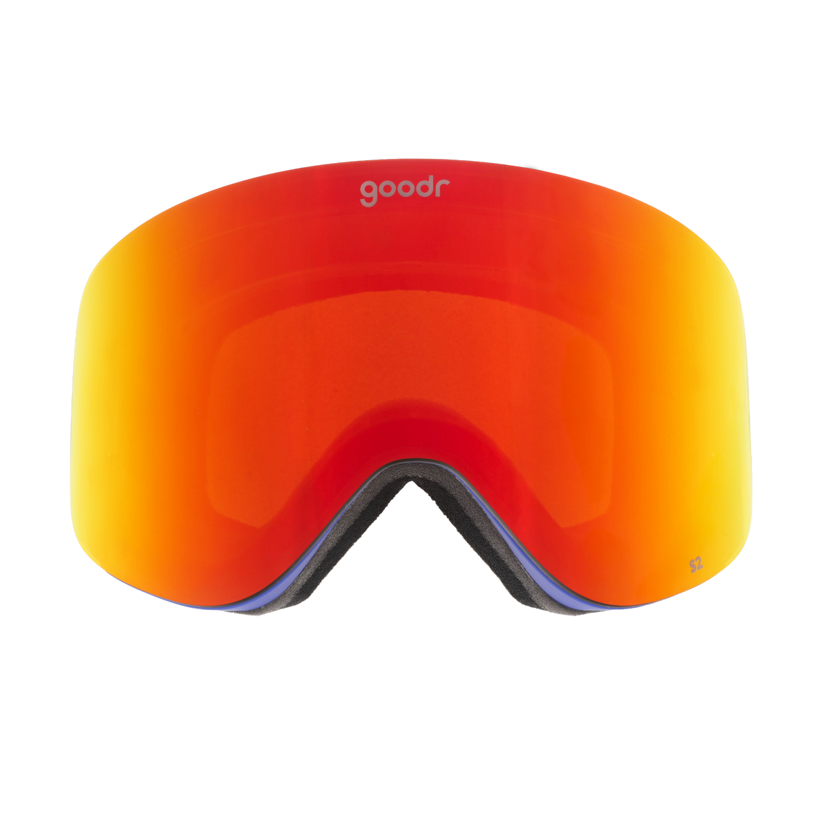 Front view of bronze red mirrored snow goggles with a blue frame and goodr logo.
