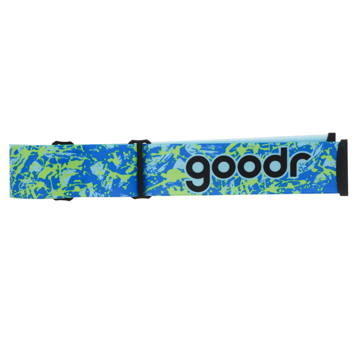 Blue ski goggle replacement strap with lime splatter pattern and black goodr logo.