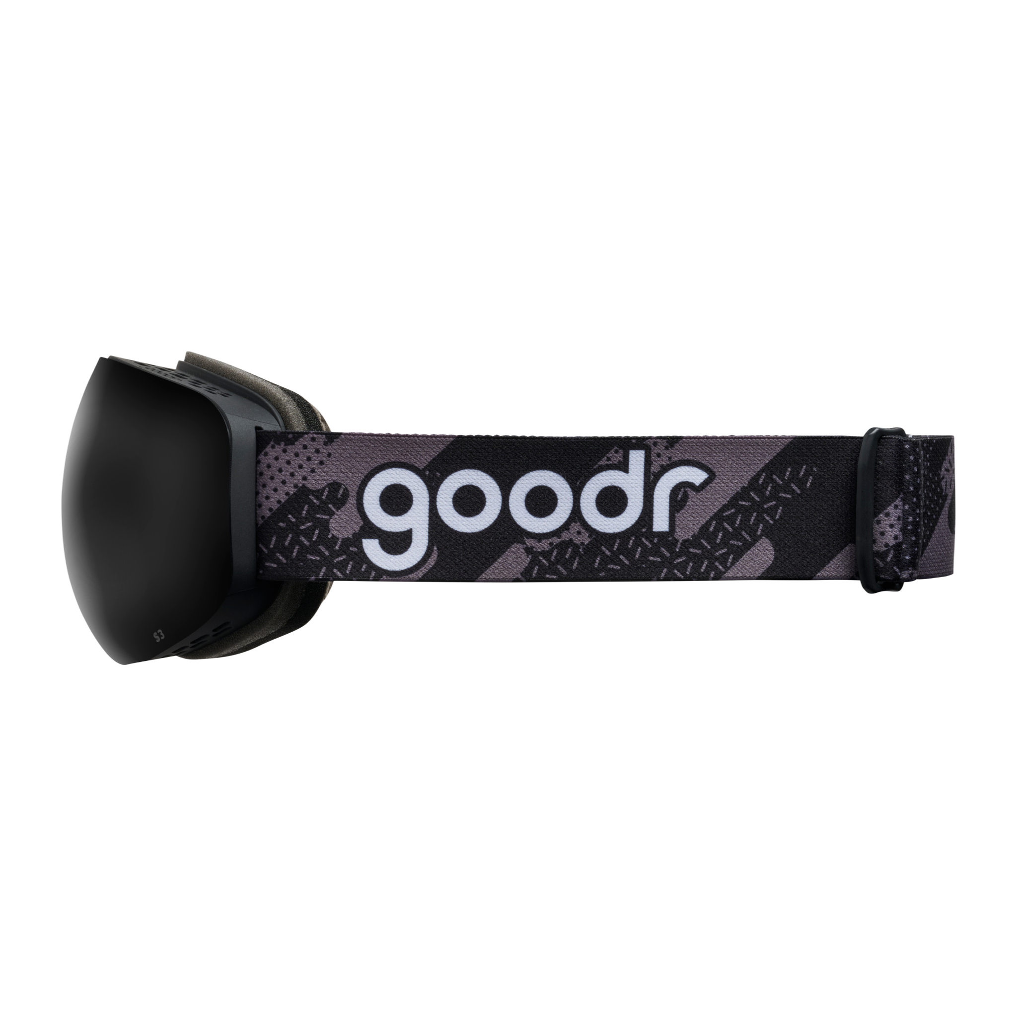 Side view of black snow goggles with a black frame and patterned goodr strap.