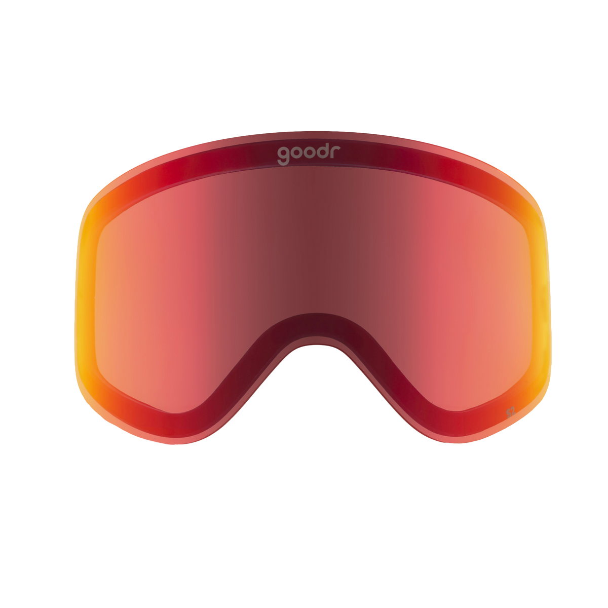 Red-orange replacement ski goggle lens with warm mirrored finish and small goodr logo.