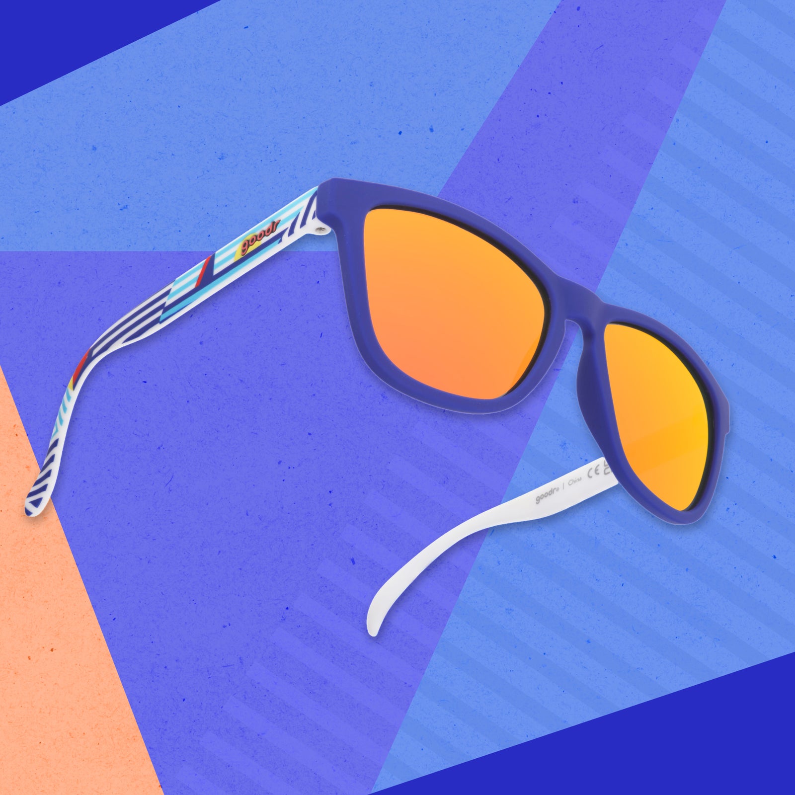 A pair of blue sunglasses with a geometric nautical-inspired design on the arms, floating on a geometric background.