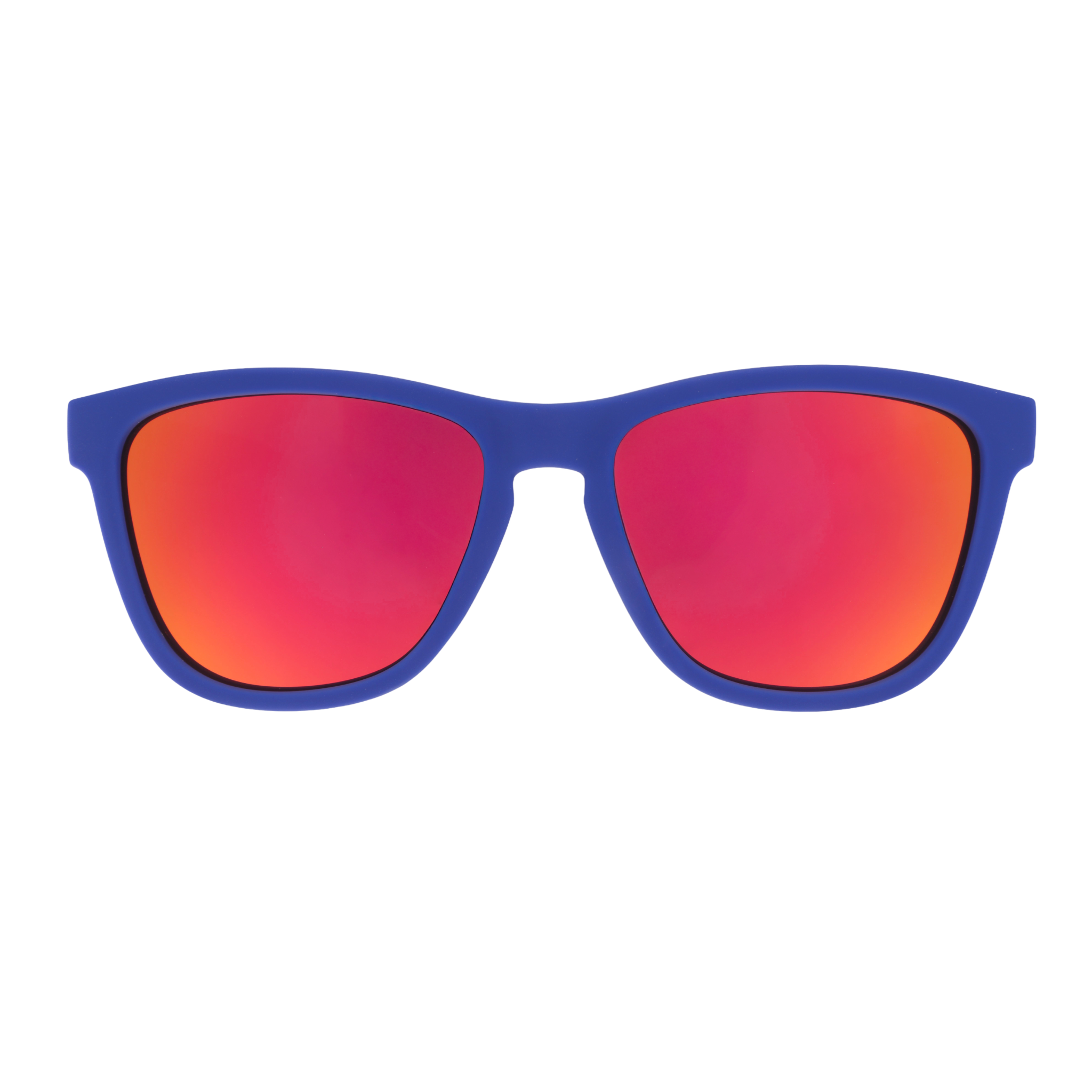 Front view of blue sunglasses with amber reflective lenses.