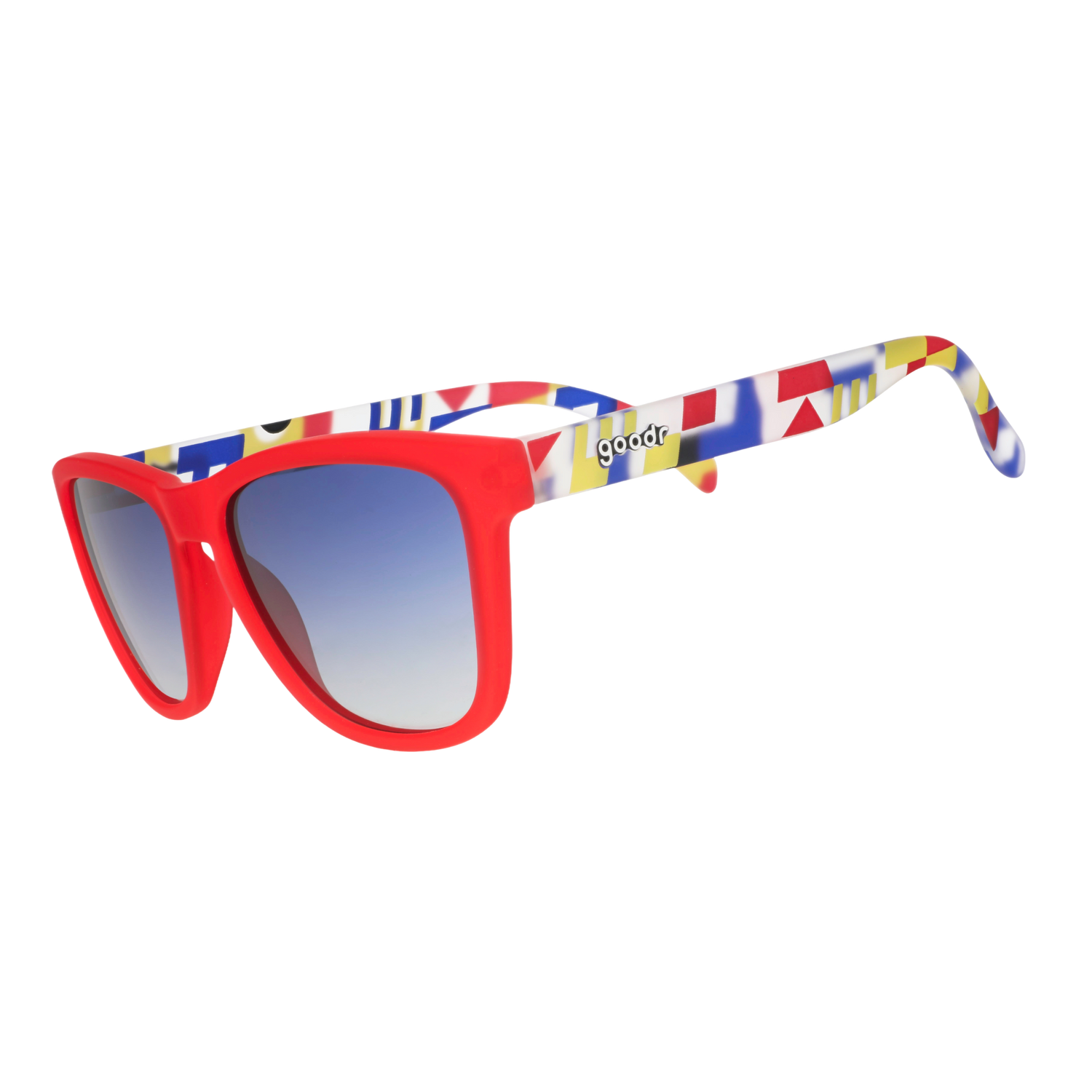 Three-quarter angle view of red sunglasses with multi-colored arms depicting maritime signal flags, and blue gradient lenses.