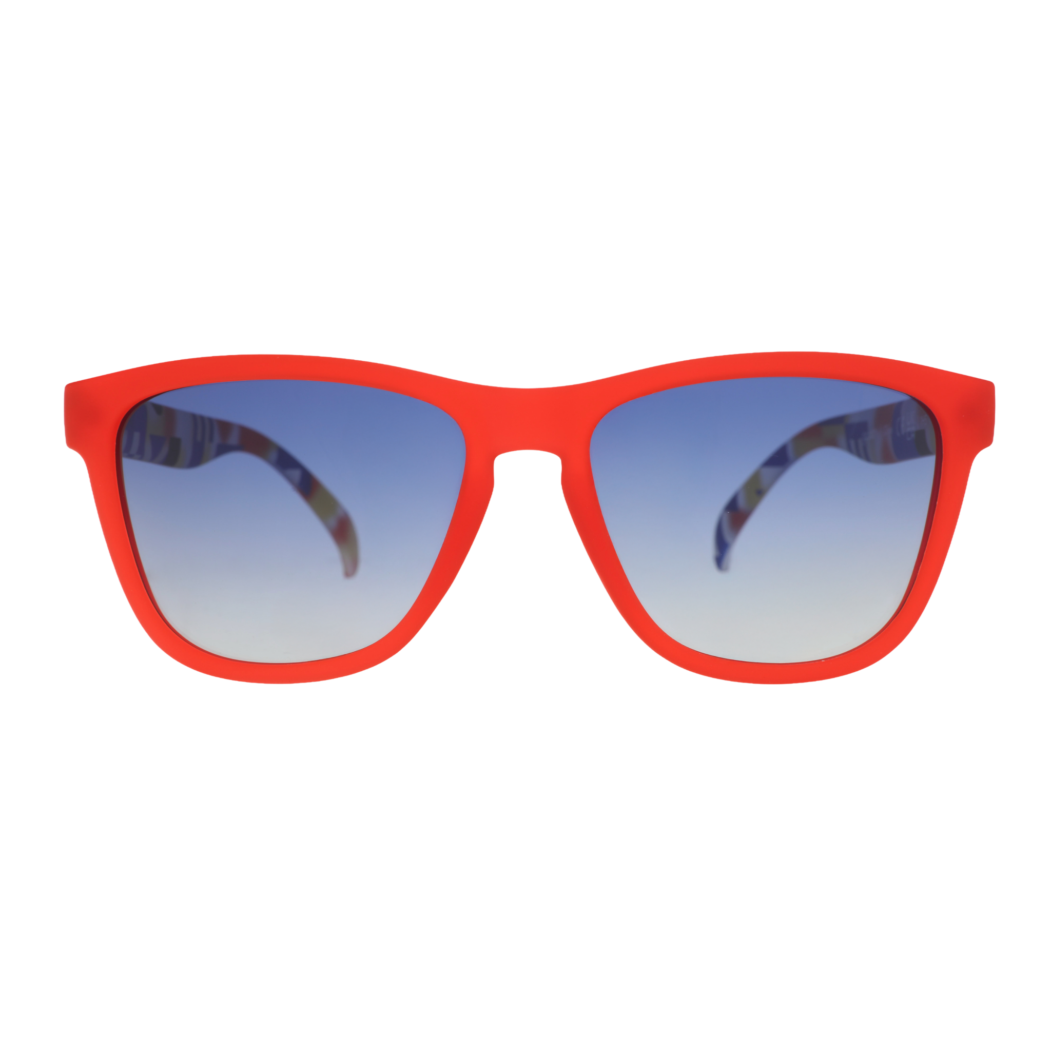 Front view of red sunglasses with blue gradient lenses.