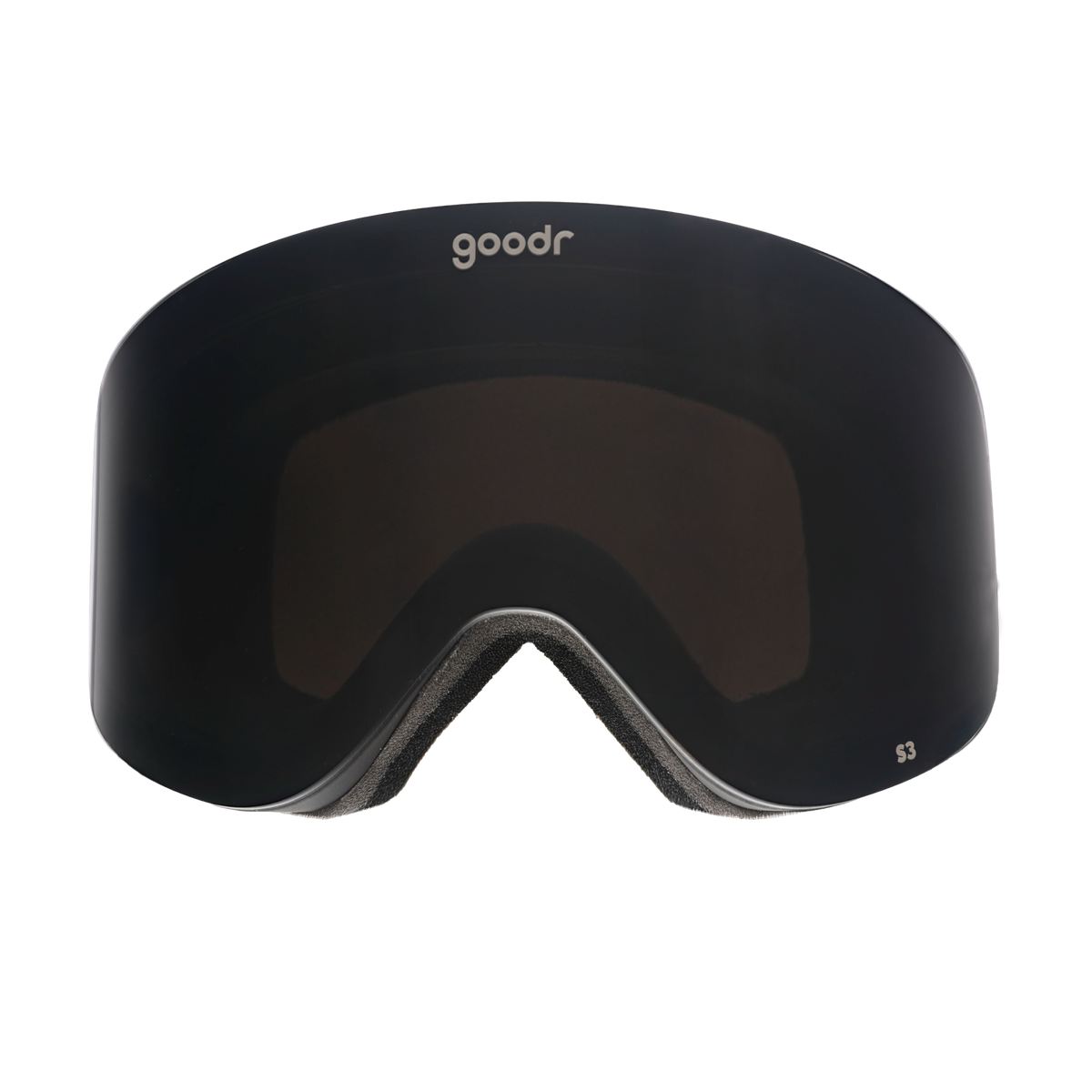 Front view of black snow goggles with a black frame and goodr logo.