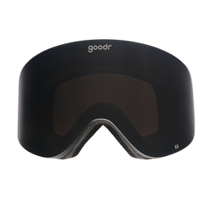 Front view of black snow goggles with a black frame and goodr logo.