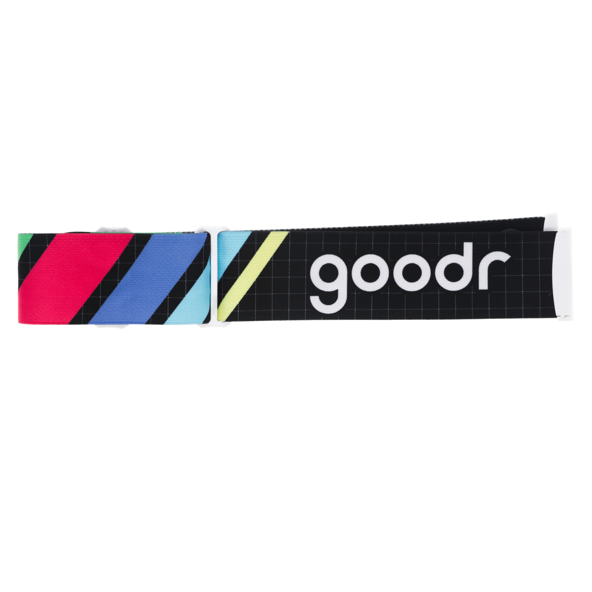 Black ski goggle replacement strap with colorful diagonal stripes and white goodr logo.