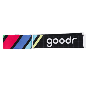Black ski goggle replacement strap with colorful diagonal stripes and white goodr logo.