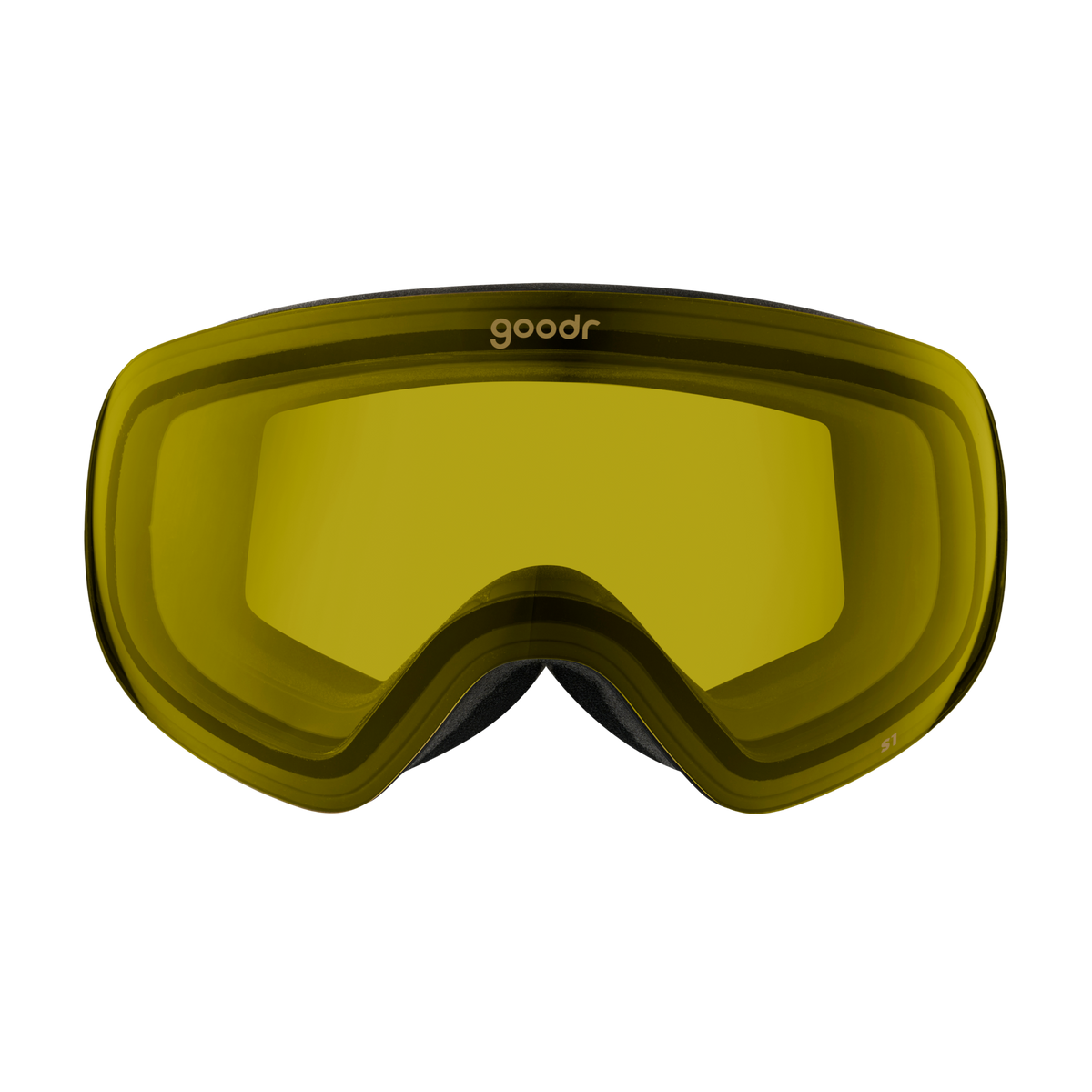 Front view of yellow snow goggles with a black frame and goodr logo.