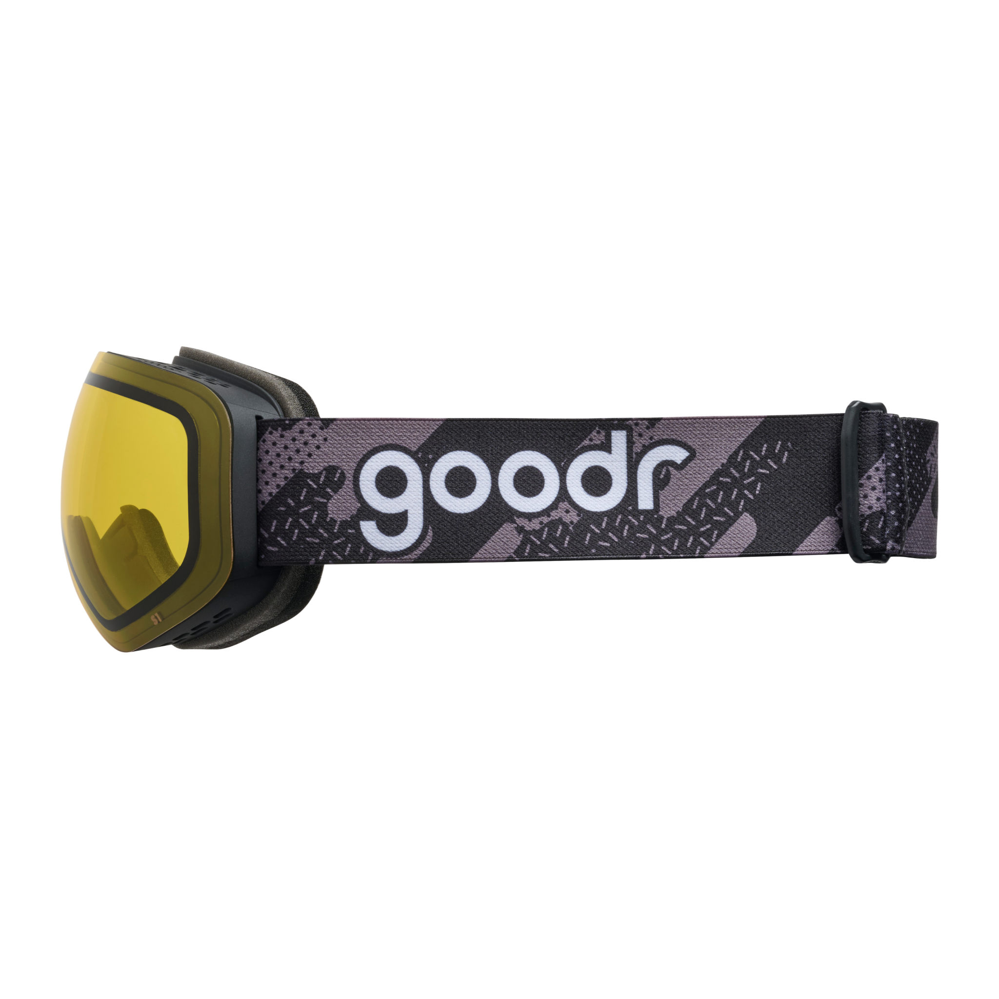 Side view of yellow snow goggles with a black frame and patterned goodr strap.