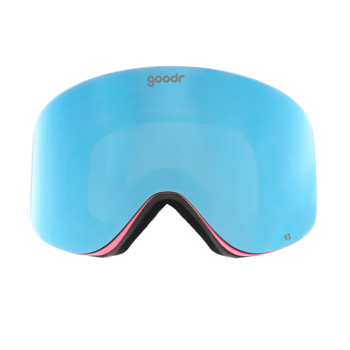 Front view of blue mirrored snow goggles with a pink frame and goodr logo.