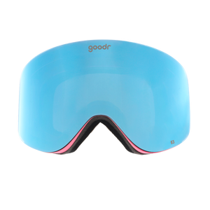 Front view of blue mirrored snow goggles with a pink frame and goodr logo.