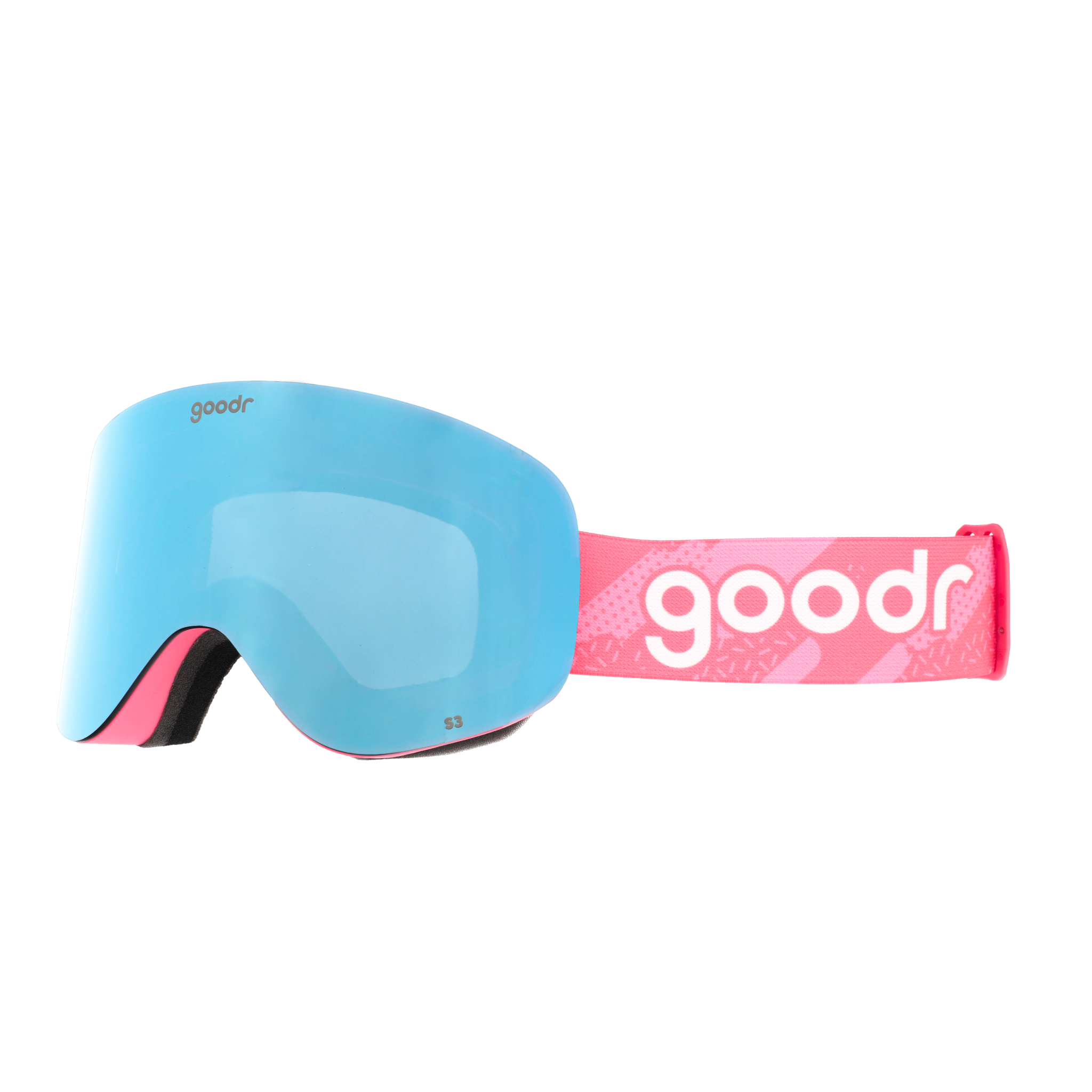 Side view of blue mirrored snow goggles with a pink frame and pink goodr strap.