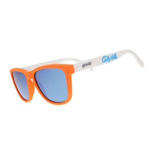 Lady Vols goodr sunglasses with an orange frame, white arms, and blue reflective lenses.