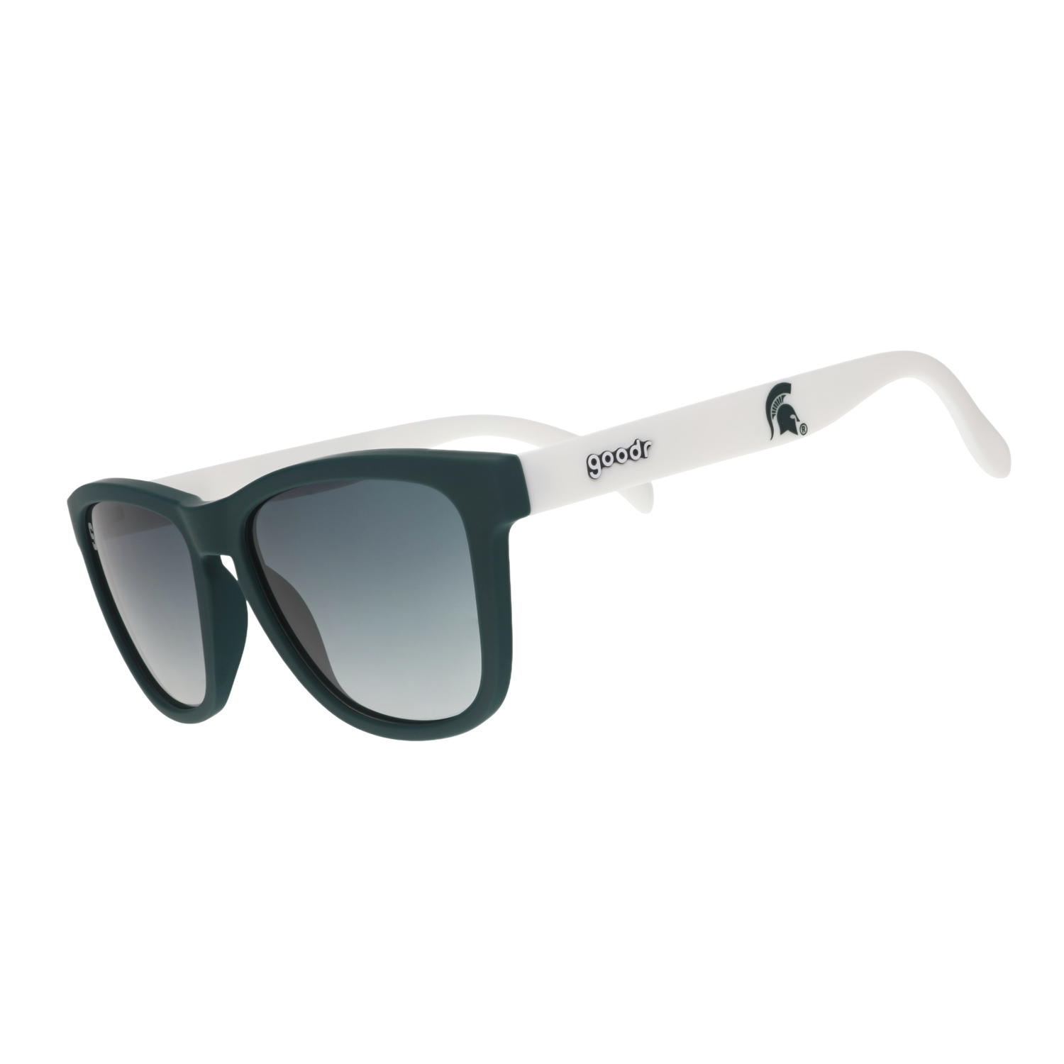 Michigan State goodr sunglasses with a dark green frame, white arms, and dark green gradient lenses.