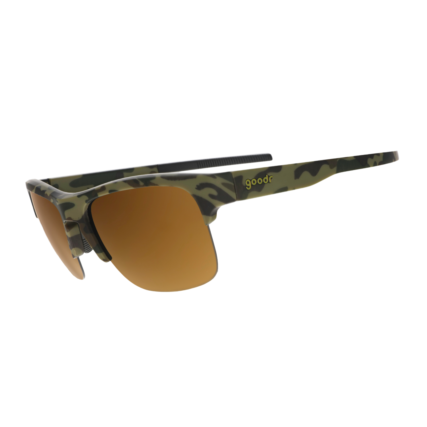 A pair of sporty wraparound sunglasses with a green and black camouflage pattern on the frame and warm brown mirrored lenses, shown on a plain white background.