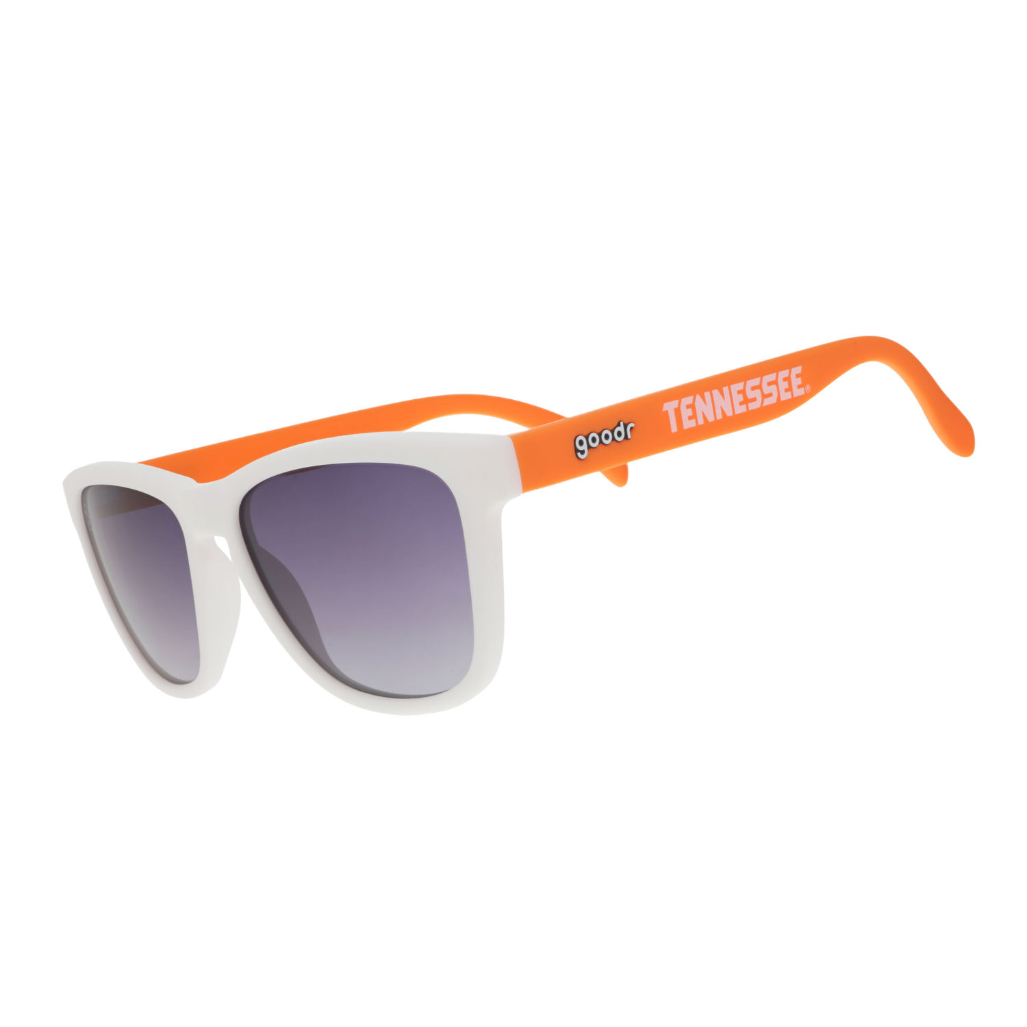 Tennessee Volunteers goodr sunglasses with a white frame, orange arms, and black gradient lenses.