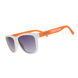 Tennessee Volunteers goodr sunglasses with a white frame, orange arms, and black gradient lenses.
