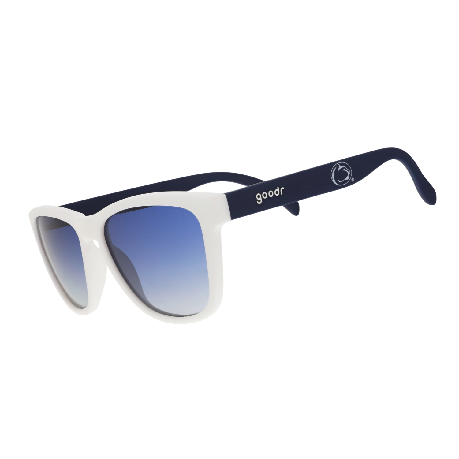 White sunglasses with blue gradient lenses and navy arms featuring Penn State and goodr logos.