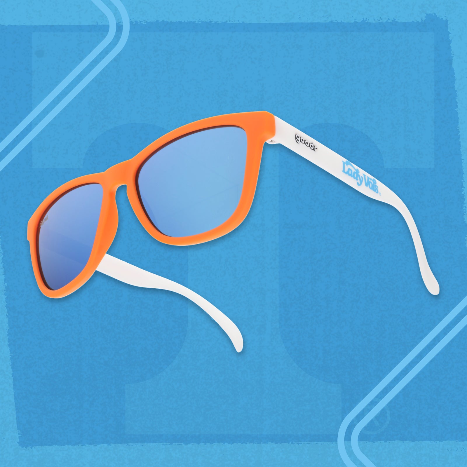 Lady Vols goodr sunglasses with blue reflective lenses on a bright blue branded background.