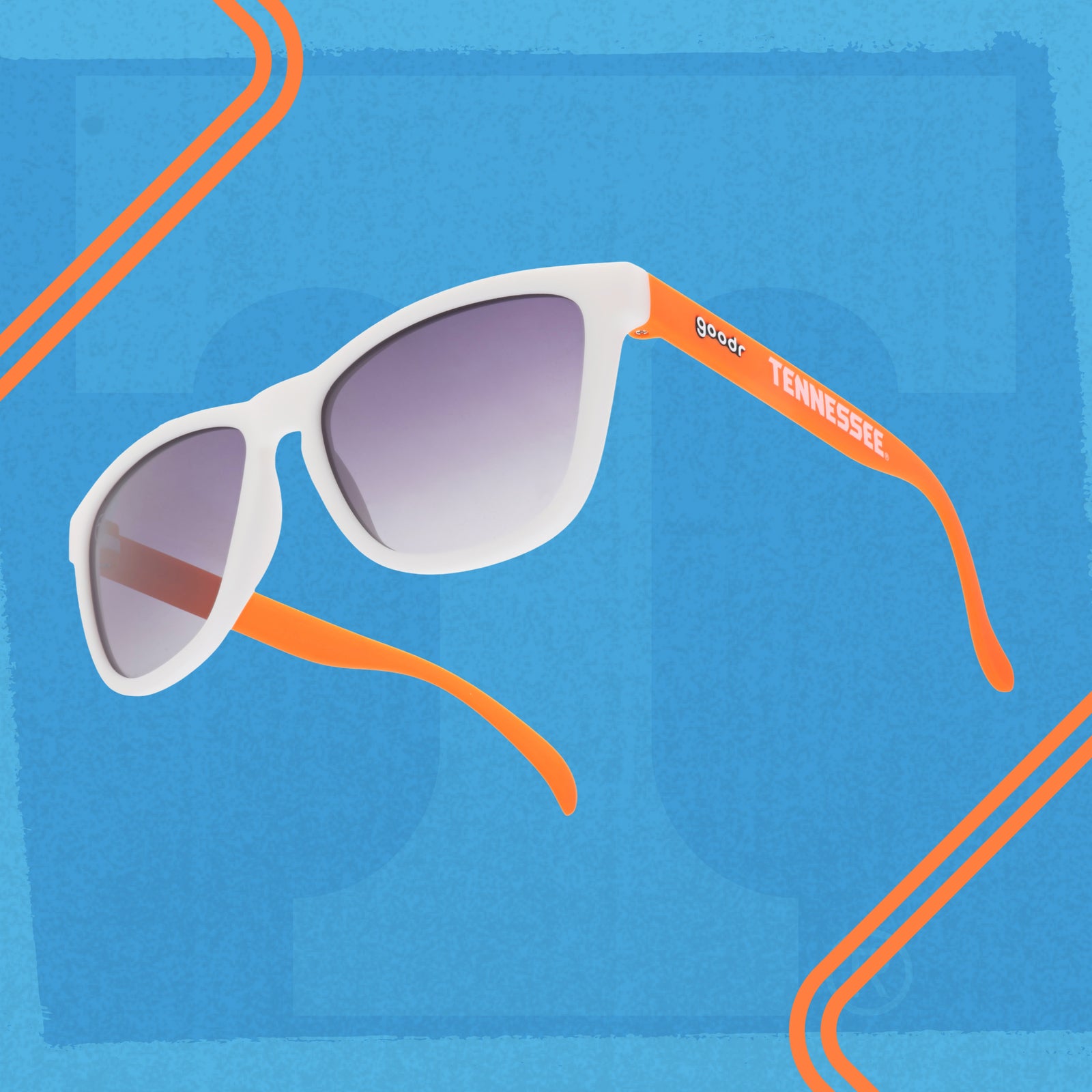 Tennessee Volunteers goodr sunglasses with black gradient lenses on a bright blue branded background.