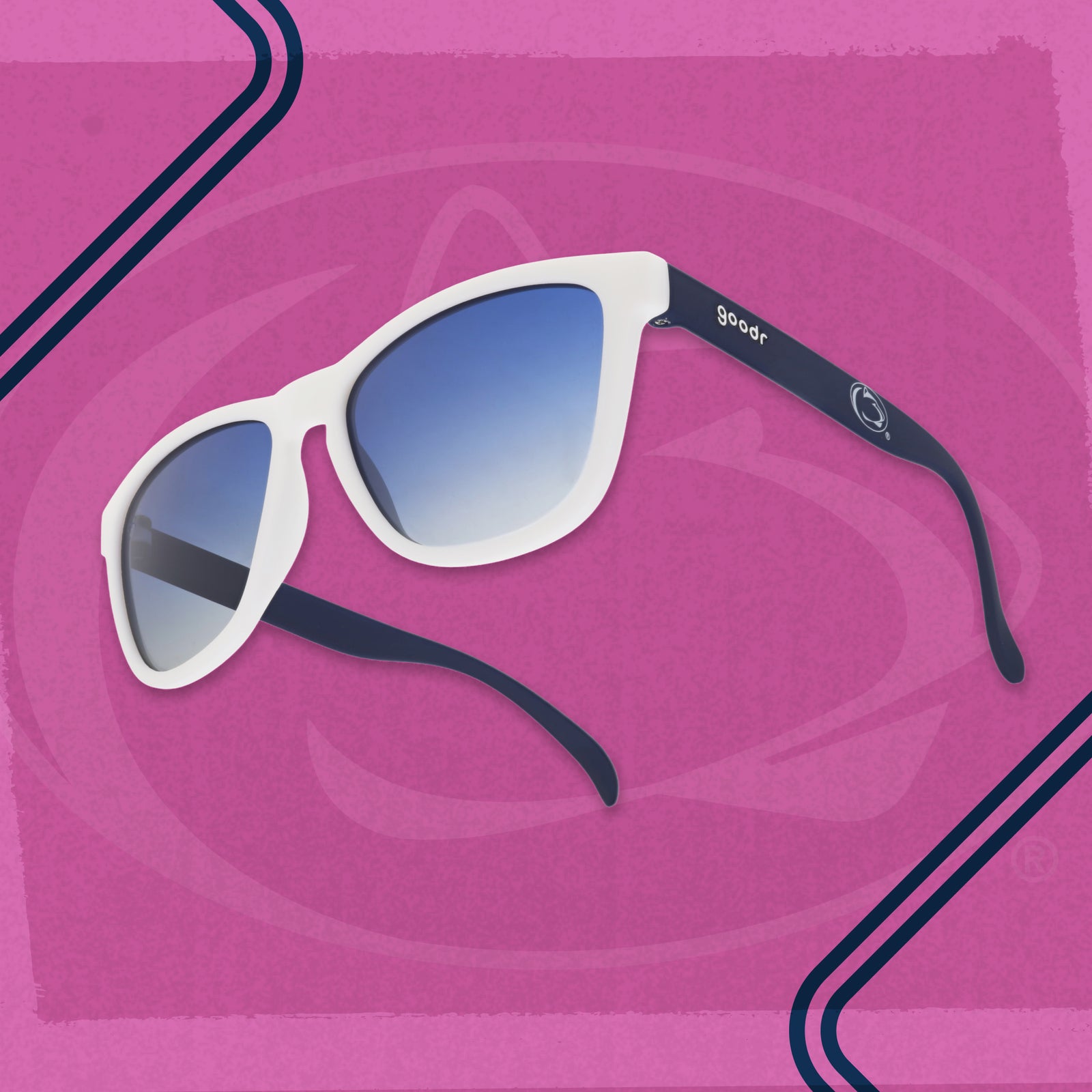 Penn State goodr sunglasses with a white frame and blue gradient lenses on a pink background.