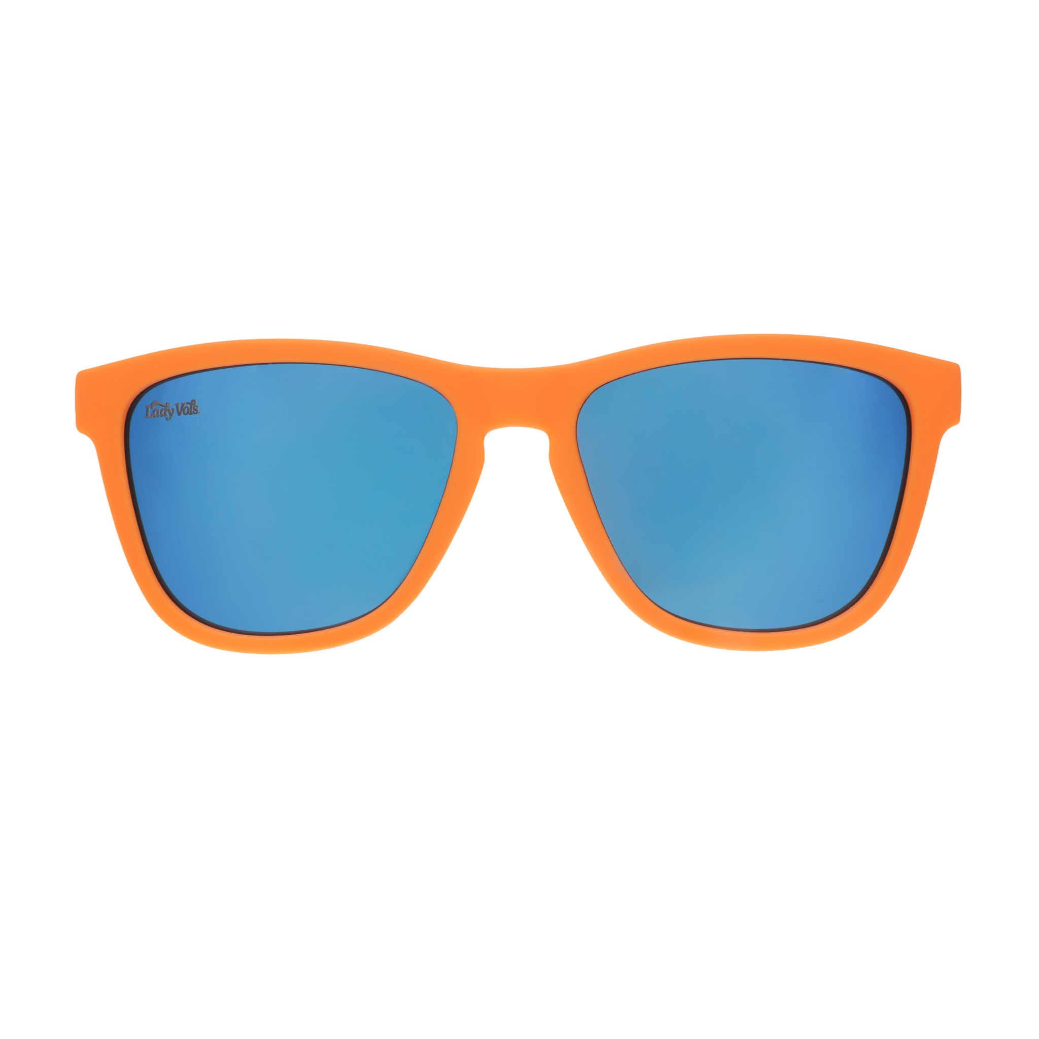 Front view of Lady Vols sunglasses with an orange frame and blue reflective lenses.
