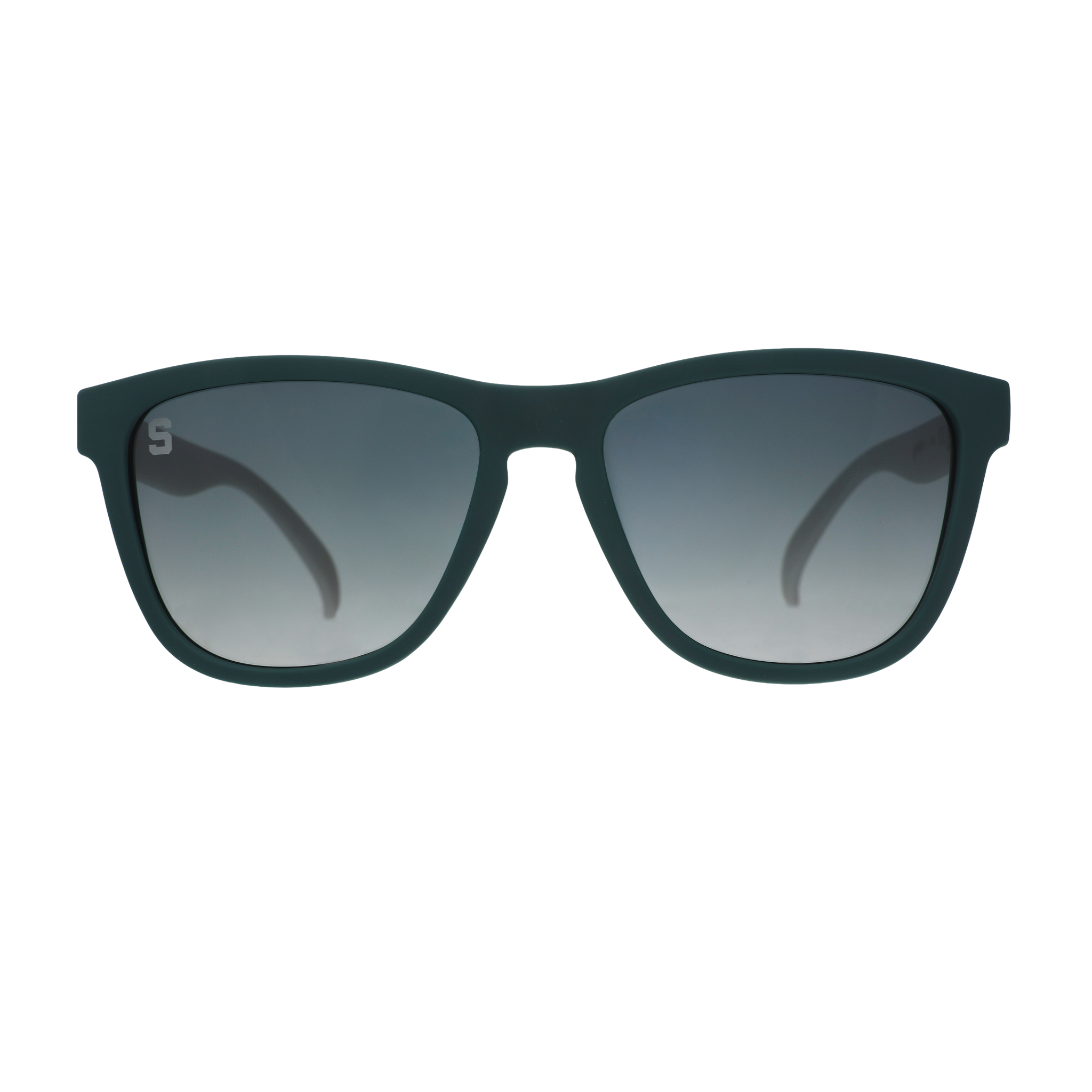 Front view of Michigan State sunglasses with a dark green frame and dark green gradient lenses.