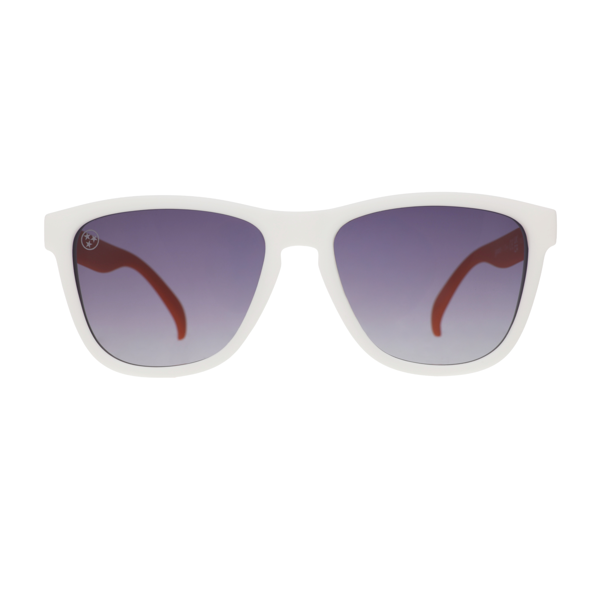 Front view of Tennessee Volunteers sunglasses with a white frame and black gradient lenses.