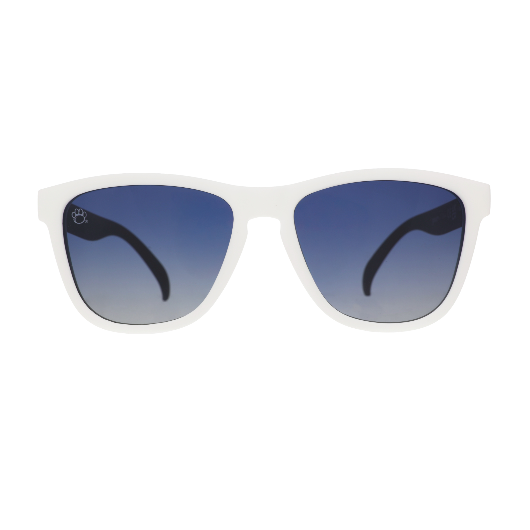 Front view of white Penn State sunglasses with blue gradient lenses and a classic square shape.
