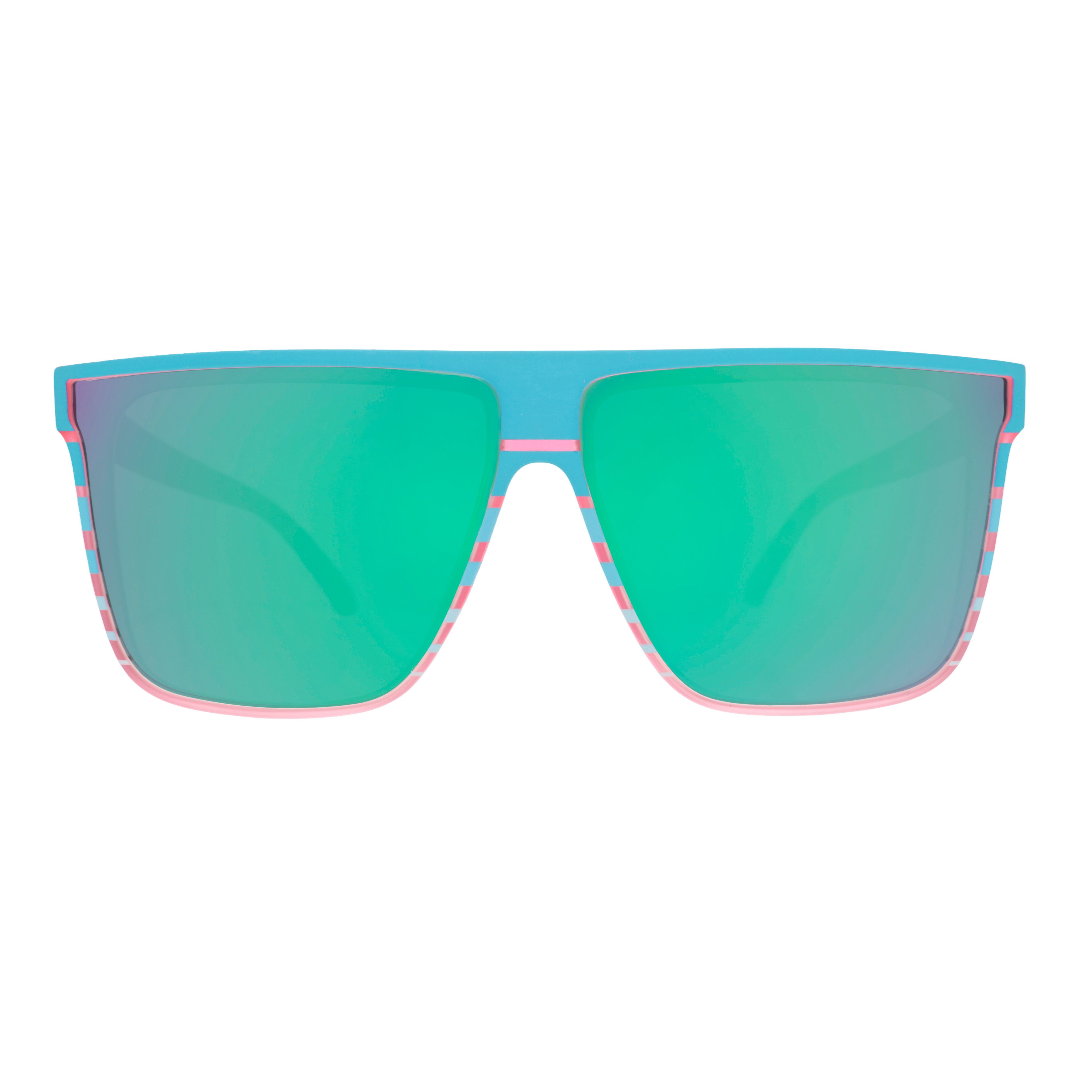 Front view of translucent pink flat-top Fly G sunglasses with a teal retrowave design and pink-purple reflective lenses.