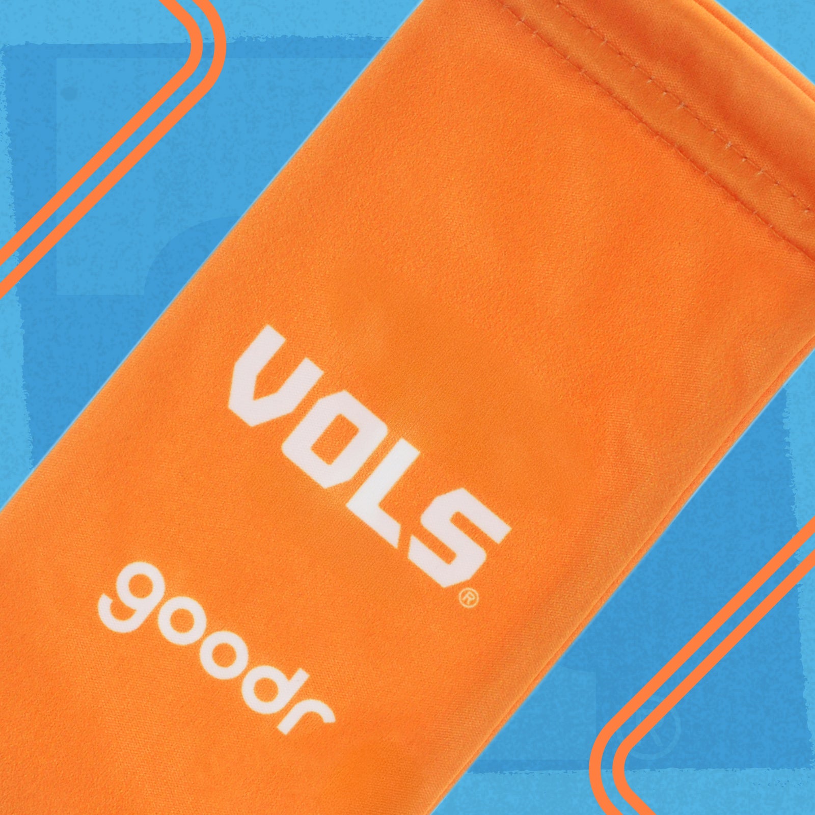Orange microfiber sunglasses pouch with Tennessee Volunteers and goodr logos on a blue background.
