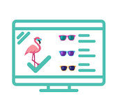 an image of a cartoon computer screen showing a pink flamingo and 3 different colored sunglasses