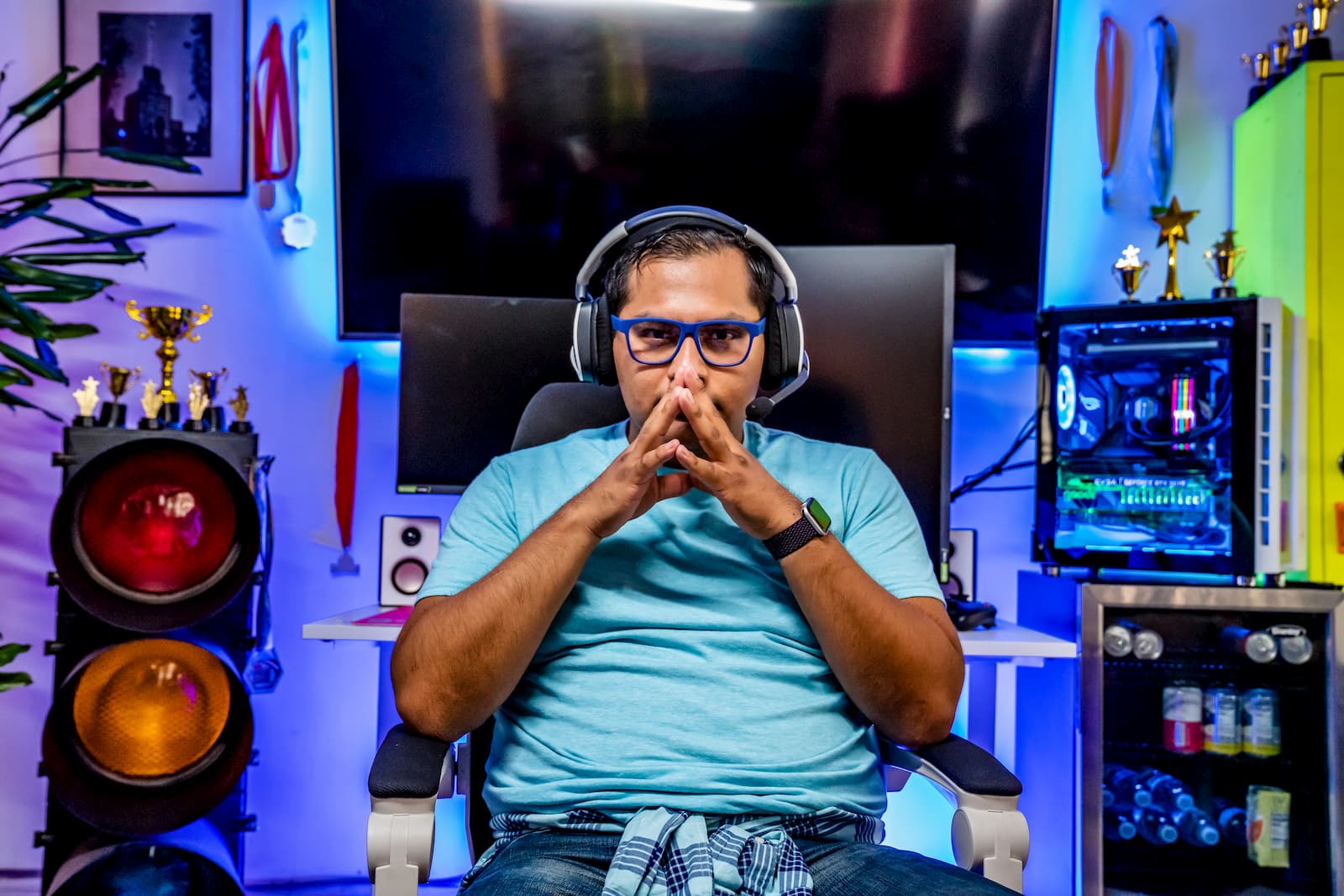 man wearing blue blue-light blocking glasses