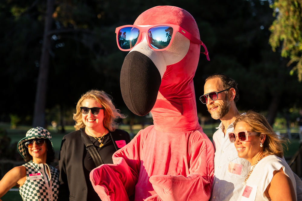 Person in a pink flamingo costume with sunglasses standing among people outdoors.