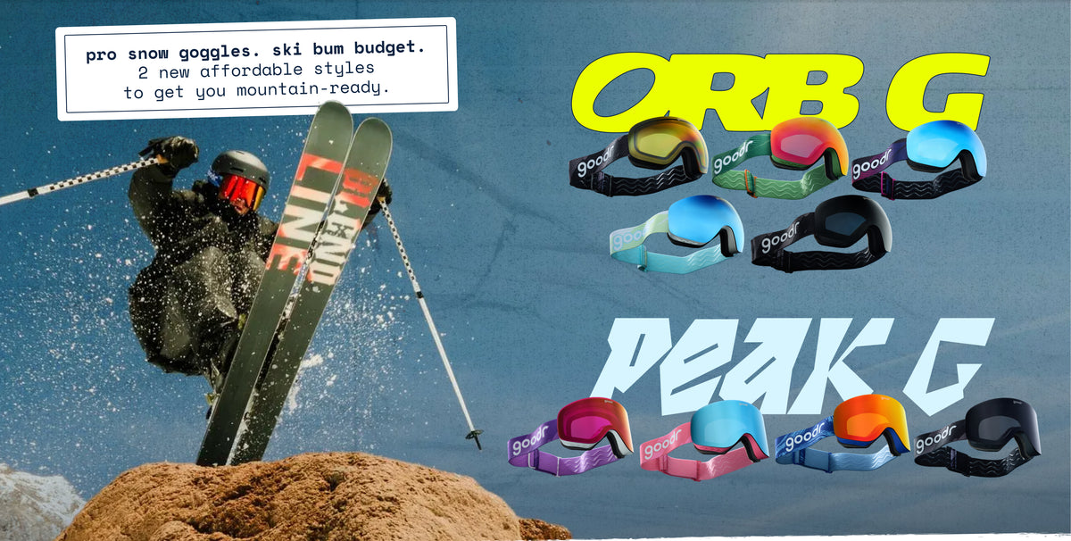 Promotional graphic for ORB G and Peak G snow goggles, featuring a skier mid-air on a snowy slope alongside multiple color options of the goggles on a blue sky background.