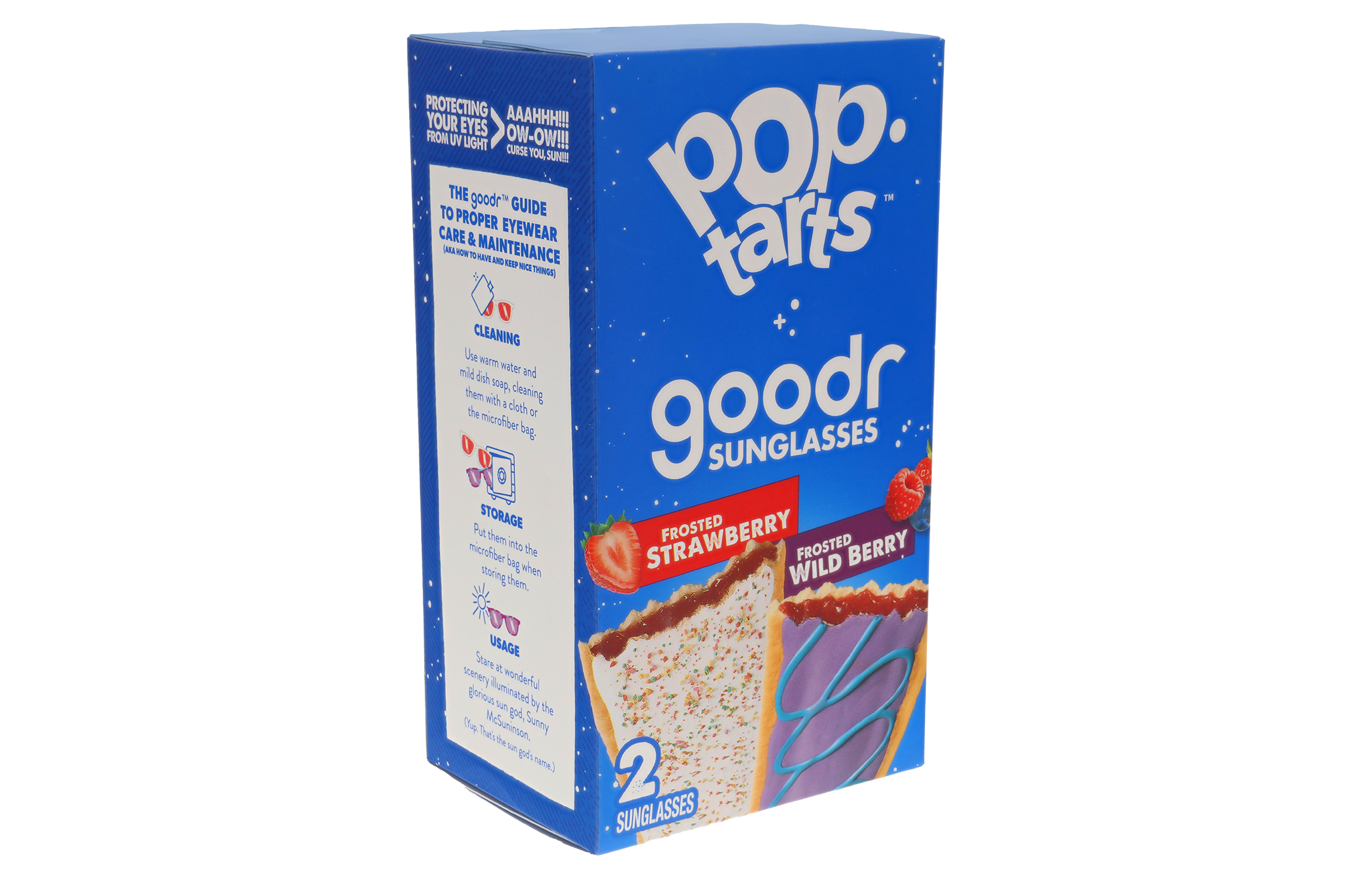 A blue box resembling a Pop-Tarts package labeled "goodr Sunglasses." The box features images of Frosted Strawberry and Frosted Wild Berry Pop-Tarts, with fun branding and instructions for eyewear care on the side.